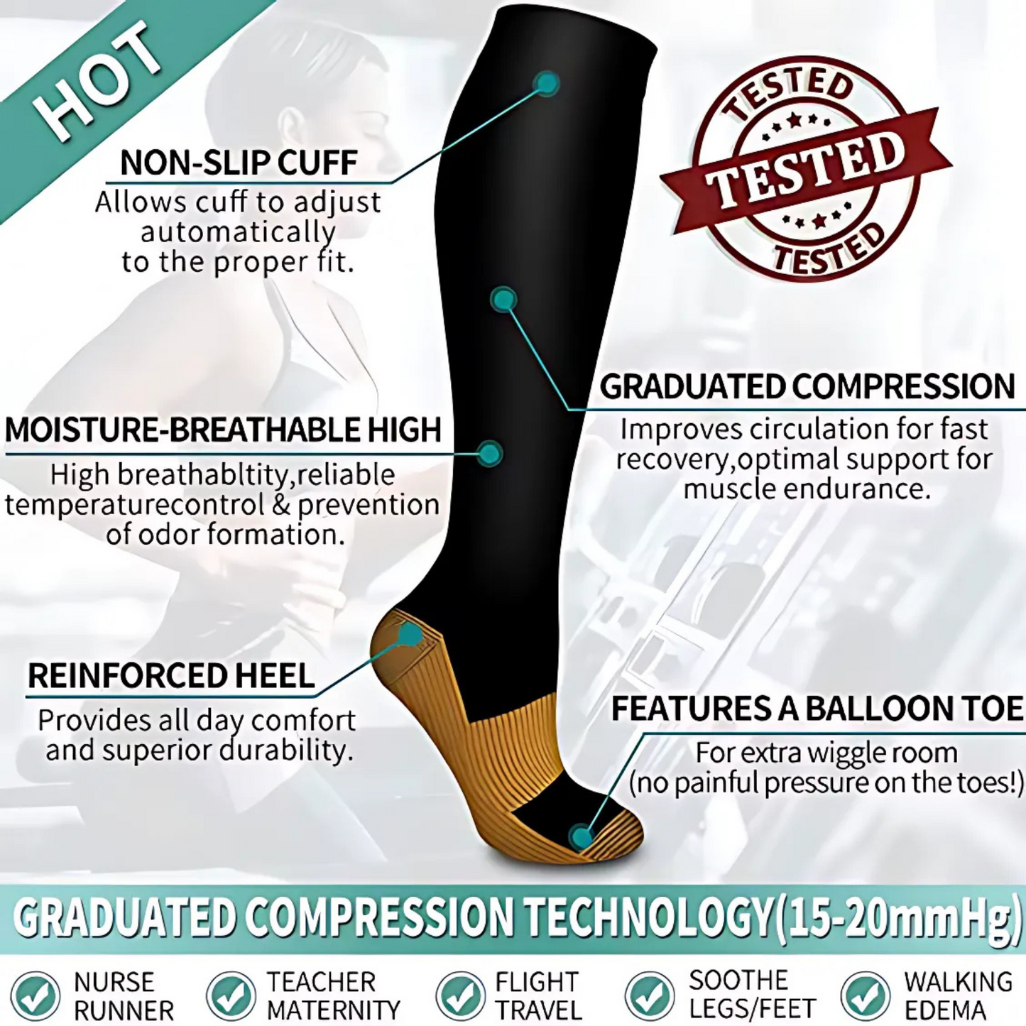 3 Pair Copper Compression Socks Anti Fatigue 15-20 mmHg