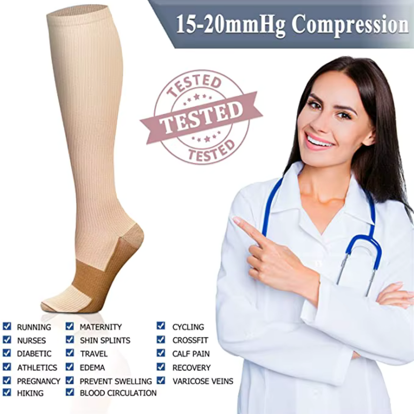 3 Pair Copper Compression Socks Anti Fatigue 15-20 mmHg